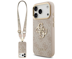 Guess 4G Big 4G Classic Logo Big Strap Metal Mygtukai dėklas skirtas Apple iPhone 17 Pro rožinės spalvos