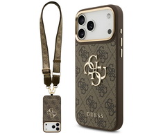 Guess 4G Big 4G Classic Logo Big Strap Metal Mygtukai dėklas skirtas Apple iPhone 17 Pro Max rudos spalvos