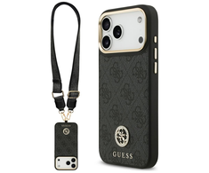Guess 4G Srtass Logo &amp; Big Strap Metal Mygtukai MagSafe dėklas skirtas Apple iPhone 17 Pro Max juodos spalvos