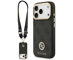 Guess 4G Strass Logo &amp; Big Strap Metal Mygtukai MagSafe dėklas skirtas Apple iPhone 17 Pro juodos spalvos