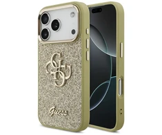 Guess Fixed Glitter Big 4G Metal Frame dėklas skirtas Apple iPhone 17 Pro aukso spalvos