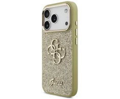 Guess Fixed Glitter Big 4G Metal Frame dėklas skirtas Apple iPhone 17 Pro aukso spalvos