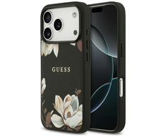 Guess Grained Flowers Classic Logo MagSafe dėklas skirtas Apple iPhone 17 Pro juodos spalvos