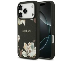 Guess Grūdėtos tekstūros gėlių klasikinis logotipas telefono dėklas su MagSafe palaikymu skirtas iPhone 17 Pro juodas