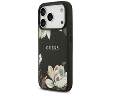 Guess Grūdėtos tekstūros gėlių klasikinis logotipas telefono dėklas su MagSafe palaikymu skirtas iPhone 17 Pro juodas