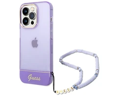 Apple iPhone 14 Pro Guess dėklas Translucent Pearl Strap violetinės spalvos