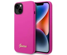 „Guess“ silikoninis vintažinis auksinis logotipo dėklas iPhone 14 / 15 Plus – fuksijos spalvos