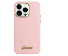 Guess GUHCP16XSMBSLP Apple iPhone 16 Pro Max 6.9″ rožinės spalvos kietas dėklas Silicone Script Metal Logo & Frame