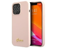 Guess dėklas iPhone 13 Pro / 13 6,1 GUHMP13LLLSLMGLP šviesiai rožinės spalvos kietasis dėklas Silikoninis Script Gold Logo Magsafe