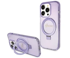 Dėklas Guess GUHMP14LHRSGSU iPhone 14 Pro 6.1" violetinė violetinė hardcase Ring Stand Script Glitter MagSafe