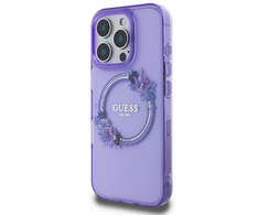 Guess IML Flowers Wreath MagSafe Apple iPhone 16 Pro - dėklas teleofnui violetinės spalvos