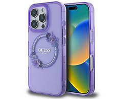 Guess IML Flowers Wreath MagSafe Apple iPhone 16 Pro - dėklas teleofnui violetinės spalvos
