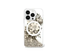 Dėklas Guess Liquid Glitter Flower MagSafe Apple iPhone 16 Pro Case - rusvai gelsvas