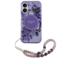 Guess IML Flowers With Pearl Strap MagSafe - dėklas skirtas Apple iPhone 16 Violetinė