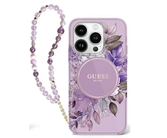 Guess IML Flowers With Pearl Strap MagSafe - dėklas skirtas Apple iPhone 16 Pro Max Violetinė