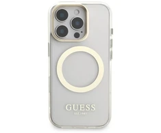„Guess IML“ auksinis kontūrinis stovas su kameros rėmeliu, „MagSafe“ dėklas, skirtas „iPhone 16 Pro Max“, permatomas