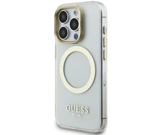 Guess IML Gold Outline Stand Camera Frame MagSafe dėklas skirtas Apple iPhone 15 Pro skaidrus