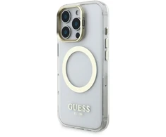 „Guess IML“ auksinis kontūrinis stovas su kameros rėmeliu, „MagSafe“ dėklas, skirtas „iPhone 16 Pro Max“, permatomas