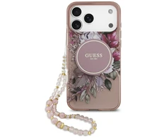 Guess IML Flowers Strap MagSafe dėklas skirtas Apple iPhone 17 Pro Max rožinės spalvos