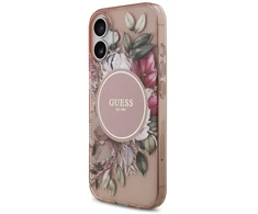 Guess IML Flowers virvelė MagSafe dėklas skirtas Apple iPhone 17 rožinės spalvos