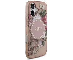 Guess IML Flowers Strap MagSafe dėklas, skirtas iPhone 17, rožinis