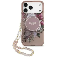 Guess IML Flowers Strap MagSafe dėklas skirtas Apple iPhone 17 Pro Max rožinės spalvos