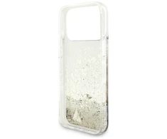 Guess Liq dėklas. Glitter 4 Charms skirtas Apple iPhone 17 Pro Max aukso spalvos