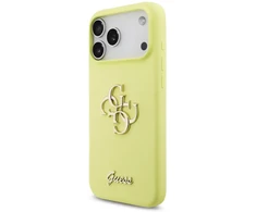 Guess Liquid Silicone 4G Metal Logo dėklas skirtas Apple iPhone 17 Pro Max geltonos spalvos