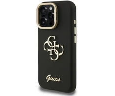 Guess PU Grained 4G Logo Stand Camera Frame dėklas skirtas Apple iPhone 15 Pro juodos spalvos