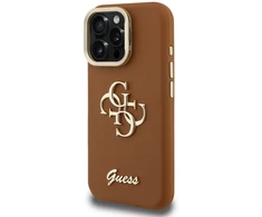 Guess PU Grained 4G Logo Stand Camera Frame dėklas skirtas Apple iPhone 15 Pro rudos spalvos