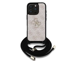 Guess PU 4G Metal Logo Crossbody Strap dėklas skirtas Apple iPhone 16 Pro Max rožinės spalvos