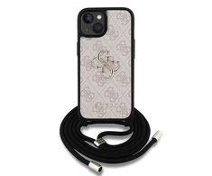 Guess PU 4G Metal Logo Crossbody Strap dėklas skirtas Apple iPhone 15 rožinės spalvos