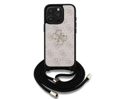 Guess PU 4G Metal Logo Crossbody Strap dėklas skirtas Apple iPhone 15 Pro rožinės spalvos