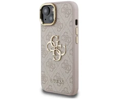 Guess PU 4G Metal Logo Stand Camera Frame dėklas skirtas Apple iPhone 15 rožinės spalvos