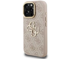 Guess PU 4G Metal Logo Stand Camera Frame dėklas skirtas Apple iPhone 15 Pro rožinės spalvos