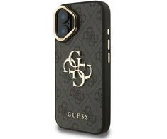 Guess PU 4G Metal Logo Stand Camera Frame dėklas skirtas Apple iPhone 16 juodos spalvos