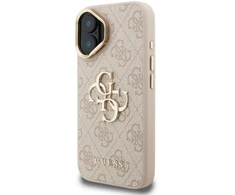 Guess PU 4G Metal Logo Stand Camera Frame dėklas skirtas Apple iPhone 16 rožinės spalvos