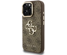 Guess PU 4G Metal Logo Stand Camera Frame dėklas skirtas Apple iPhone 15 Pro rudos spalvos