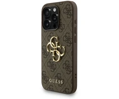 Guess PU 4G Metal Logo Strap dėklas skirtas Apple iPhone 15 Pro Max rudos spalvos