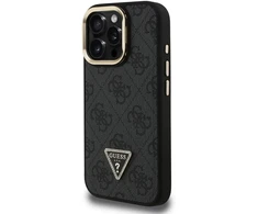Guess PU 4G Strass Triangle Logo Stand Camera Frame MagSafe dėklas skirtas Apple iPhone 15 Pro Max juodos spalvos