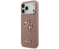 Guess PU fiksuotas blizgus 4G metalo logotipo telefonų dėklas iPhone 17 Pro Max rožinis