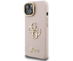 Guess PU Grained 4G Logo Stand Camera Frame dėklas skirtas Apple iPhone 15 rožinės spalvos