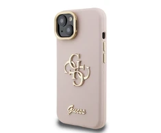 Guess PU Grained 4G Logo Stand Camera Frame dėklas skirtas Apple iPhone 15 rožinės spalvos