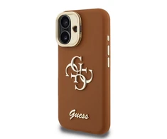 Guess PU Grained 4G Logo Stand Camera Frame dėklas skirtas Apple iPhone 16 rudos spalvos