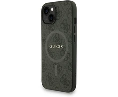 Guess PU Leather 4G Colored Ring Strap MagSafe dėklas skirtas Apple iPhone 15 juodos spalvos