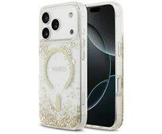 Guess Resin Bottom Glitter MagSafe dėklas skirtas Apple iPhone 17 Pro aukso spalvos