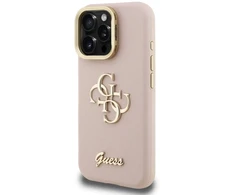 Guess PU Grained 4G Logo Stand Camera Frame dėklas skirtas Apple iPhone 15 Pro rožinės spalvos