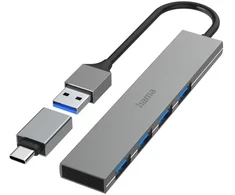 USB šakotuvas Hama 4 pesa USB 3.0 Ultra-Slim + USB-C adapteris