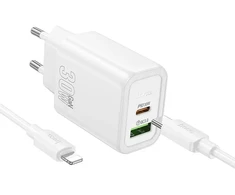 Telefono įkroviklis Hoco USB A + USB C QC3.0 PD 3A 30W + laidas USB C į Lightning N63 baltas