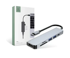Šakotuvas 6in1 USB HUB USB-C to 2xUSB + HDMi + USB-C + SD Card Reader + micro SD Adapteris Tech-Protect V4-HUB pilkos spalvos
